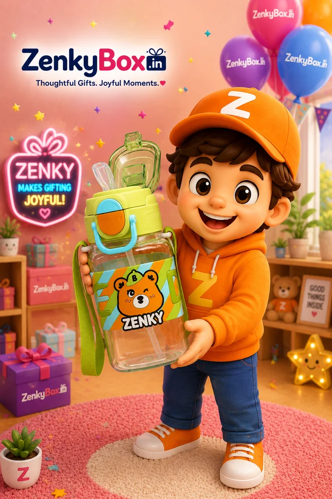 Zenky mascot with ZenkyBox water bottle bringing lasting joy