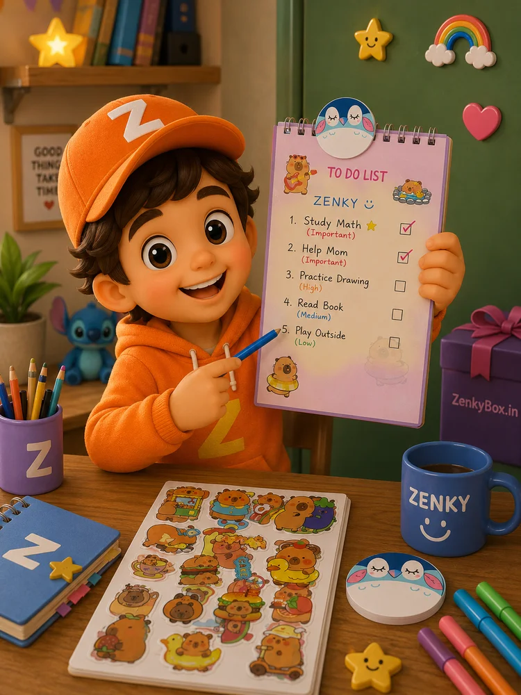 Zenky mascot carefully curating ZenkyBox gifts at a desk